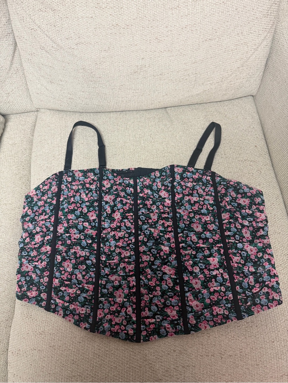 Torrid Floral Corset Bustier Top Size 6 30 Black Pink Ruched Mesh Plus Size